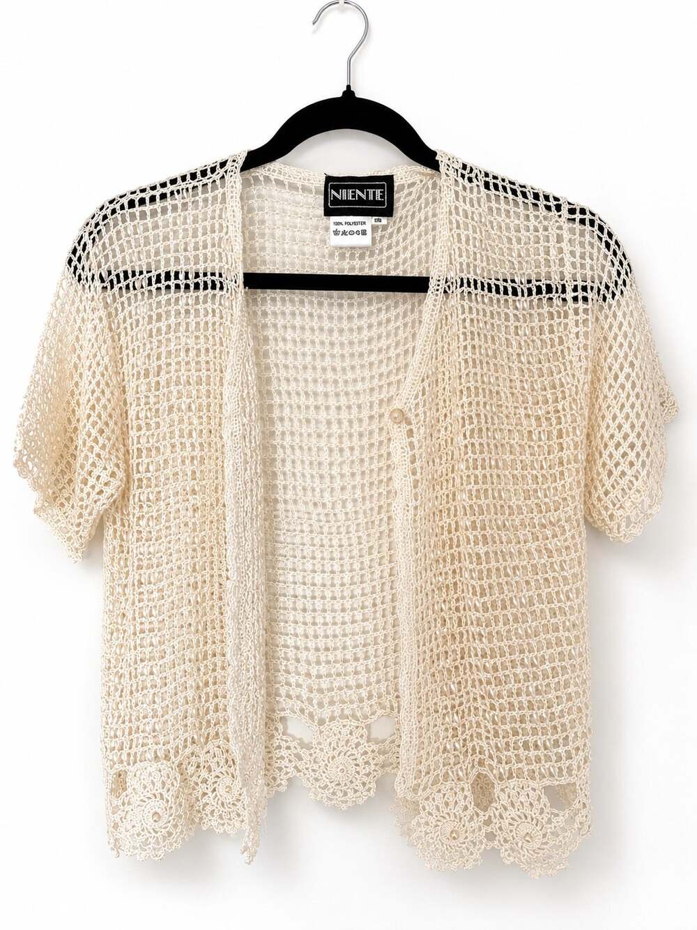 Vintage 1990s Niente Ivory Pearl Beaded Crochet Cardigan Coquette Size 38